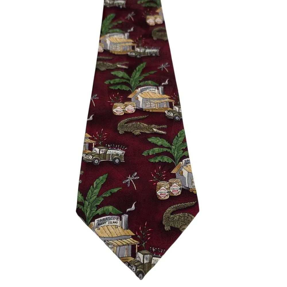 TABASCO Alligator‎ Tropical Scene Silk Necktie Red Burgundy Men's Accessory